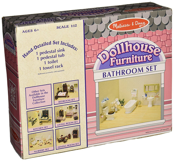 Melissa & Doug - Classic Wooden Dollhouse Bathroom Furniture (4 pieces) Tub, Sink, Toilet, Towel Rack [Home Decor]- Olde Church Emporium