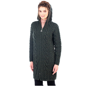 Stay warm and fashionable this fall and winter with this Aran Cable Knit Hooded Zip Coatigan. Made in Ireland of 100% Merino wool. Olde Church Emporium