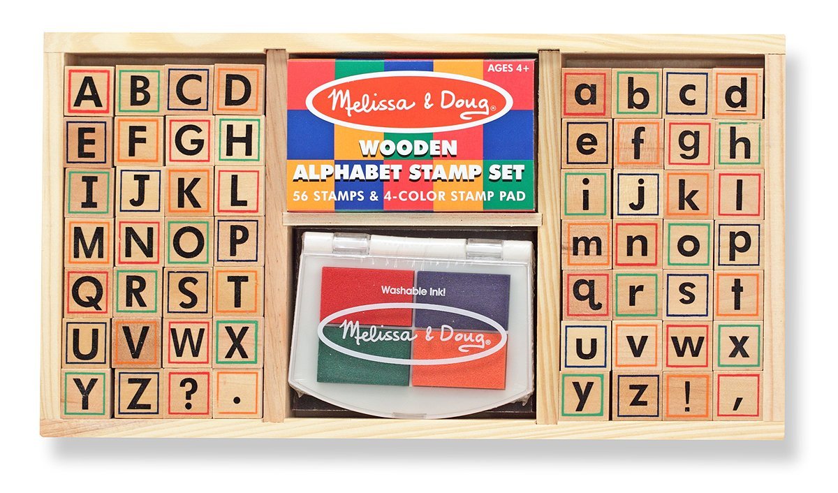 Wooden Alphabet Stamp Set – 56 Stamps With Lower-Case and Capital