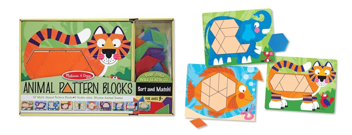 Melissa & Doug Pattern Blocks and Boards - Classic Toy With 120 Solid Wood  Shapes and 5 Double-Sided Panels, Multi-Colored Animals Puzzle