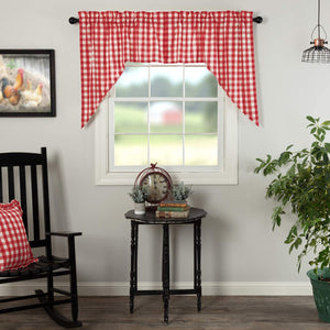 VHC Annie Buffalo Check Curtain, Swag Set 72 X 36 Inches Red Farmhouse Country Check