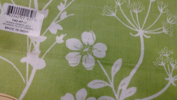 Park Design - Queen Anne's Lace Green Valance, 72 x 14 Inches Hand Printed Design - Olde Church Emporium