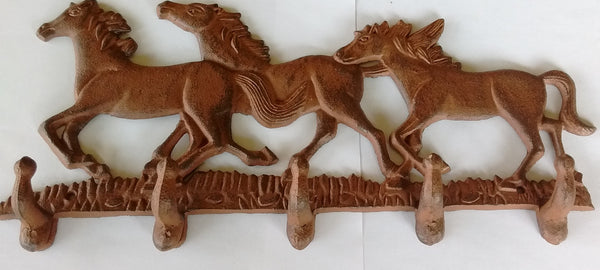 Decorative Running Horses Cast Iron Key Rack with 3 Horses and 5 Hooks