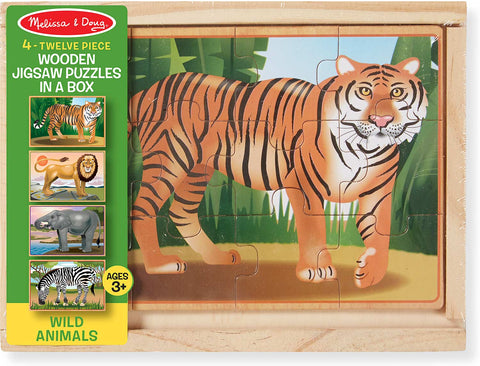 Melissa and Doug Wooden Jigsaw Puzzles 4 Assorted Puzzles in a Box Wild Animals Ages 3+