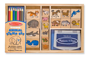 Melissa & Doug - Wooden Stamp Set: Animals - 16 Stamps, 7 Colored Pencils, Stamp Pad [Home Decor]- Olde Church Emporium