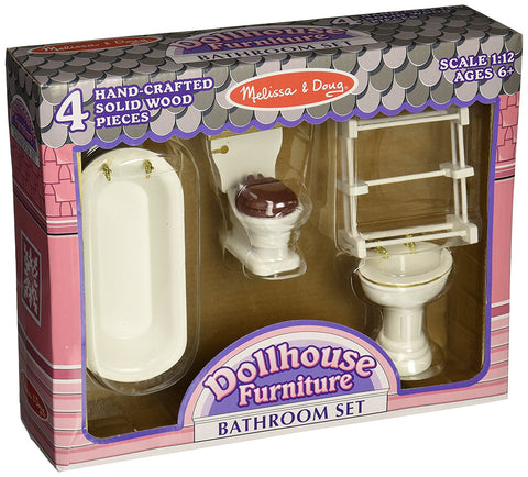 Melissa & Doug - Classic Wooden Dollhouse Bathroom Furniture (4 pieces) Tub, Sink, Toilet, Towel Rack [Home Decor]- Olde Church Emporium