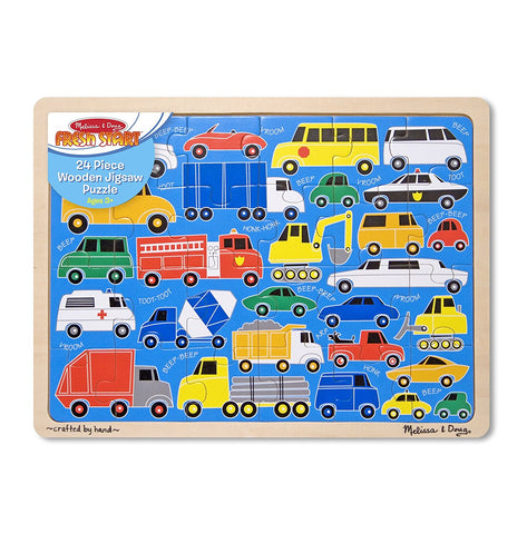 Melissa & Doug 24 Piece Beep Beep Cars and Trucks Wooden Jigsaw Puzzle With Storage Tray [Home Decor]- Olde Church Emporium