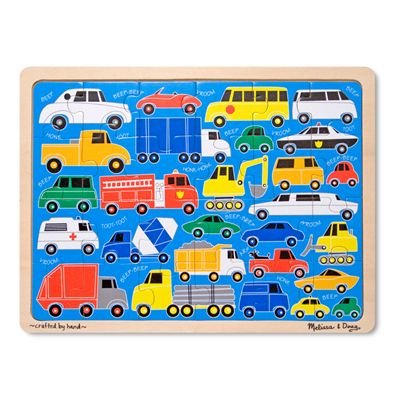Melissa & Doug 24 Piece Beep Beep Cars and Trucks Wooden Jigsaw Puzzle With Storage Tray [Home Decor]- Olde Church Emporium
