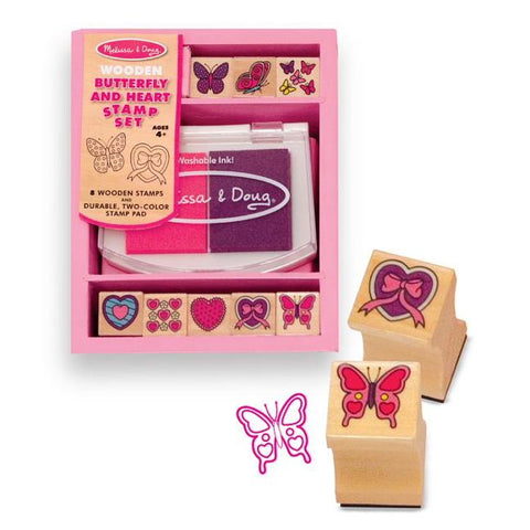 Melissa and Doug Butterfly and Heart Wooden Stamp Set 8 Stamps and 2-Color Stamp Pad Ages 4+
