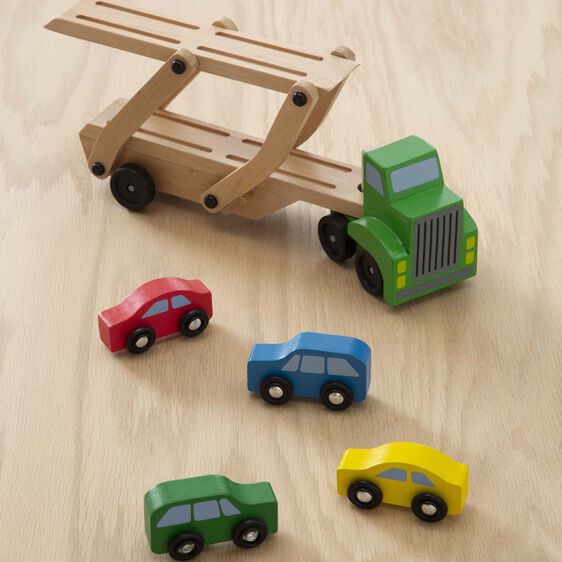 Melissa and Doug Car Carrier Truck and Cars Wooden Toy Set With 1 Truck and 4 Cars Ages 3+