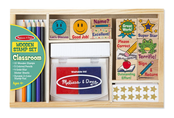 Melissa & Doug Wooden Melissa and Doug - Classroom Stamp Set With 10 Stamps, 5 Colored Pencils, 4 Sticker Sheets, and 2-Colored Stamp Pad [Home Decor]- Olde Church Emporium