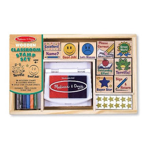 Melissa and Doug Wooden Classroom Stamp Set With 10 Stamps, 5 Colored Pencils, 4 Sticker Sheets, and 2-Colored Stamp Pad