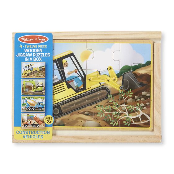 Melissa and Doug Wooden Jigsaw Puzzles 4 Assorted Puzzles in a Box Construction Vehicles Ages 3+
