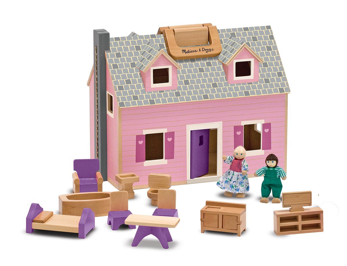 Melissa & Doug Fold and Go Wooden Dollhouse With 2 Dolls and Wooden Furniture - Olde Church Emporium
