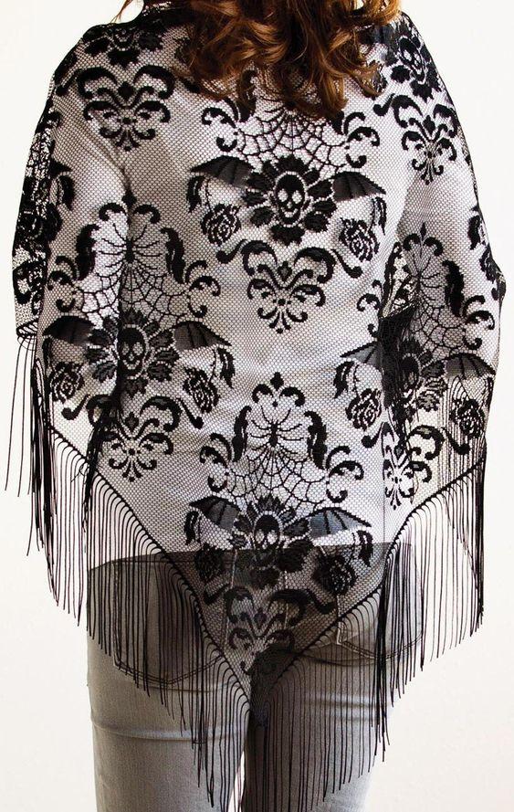 Heritage Halloween Damask Shawl 72 x 36 Inches Black Made in USA - Olde Church Emporium