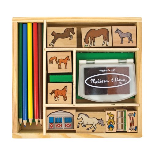 Melissa & Doug Wooden Stamp Activity Set: Horse Stable - 10 Stamps, 5 Colored Pencils, 2-Color Stamp Pad [Home Decor]- Olde Church Emporium