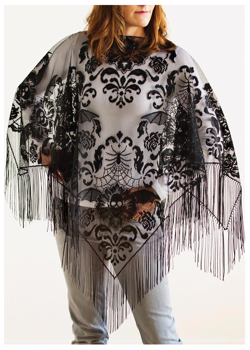 Halloween Damask Fringed Poncho 54 x 54 Inches Made in USA