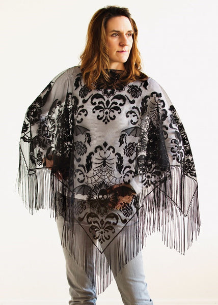 Halloween Damask Fringed Poncho 54 x 54 Inches Made in USA