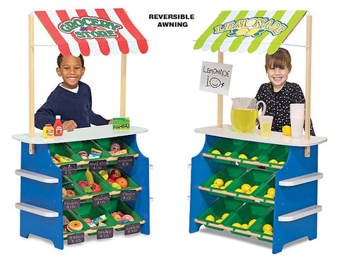 Melissa & Doug Wooden Grocery Store and Lemonade Stand Reversible Awning, 9 Bins, Chalkboards Ages 3+ Item # 4090