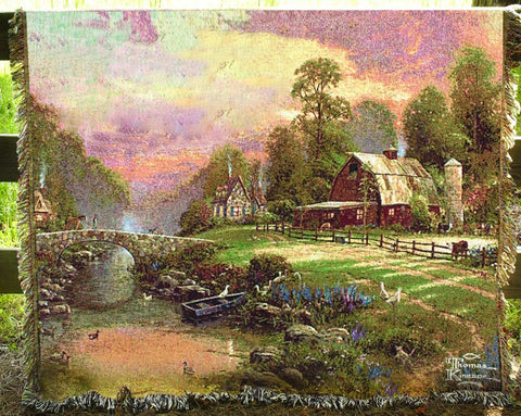 Thomas Kinkade Sunset at Riverbend Farm Tapestry Cotton Throw 68 x 51 inches Made in USA - Olde Church Emporium