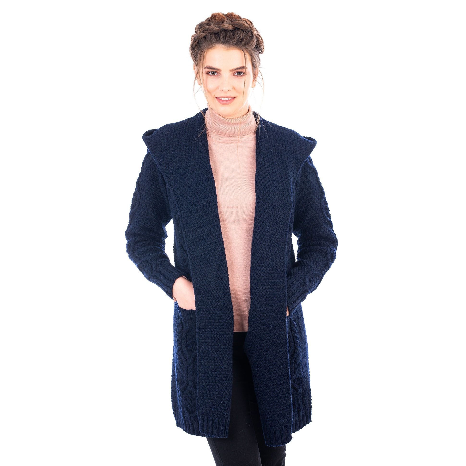 Ladies Classic Fit Long Cardigan with Hood Navy or Grey Made in Ireland - Olde Church Emporium