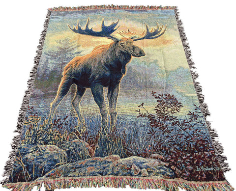 Northwoods Moose Tapestry Afghan Throw ~ Artist, Joseph Hautman 51 x 68 inches Made in USA - Olde Church Emporium
