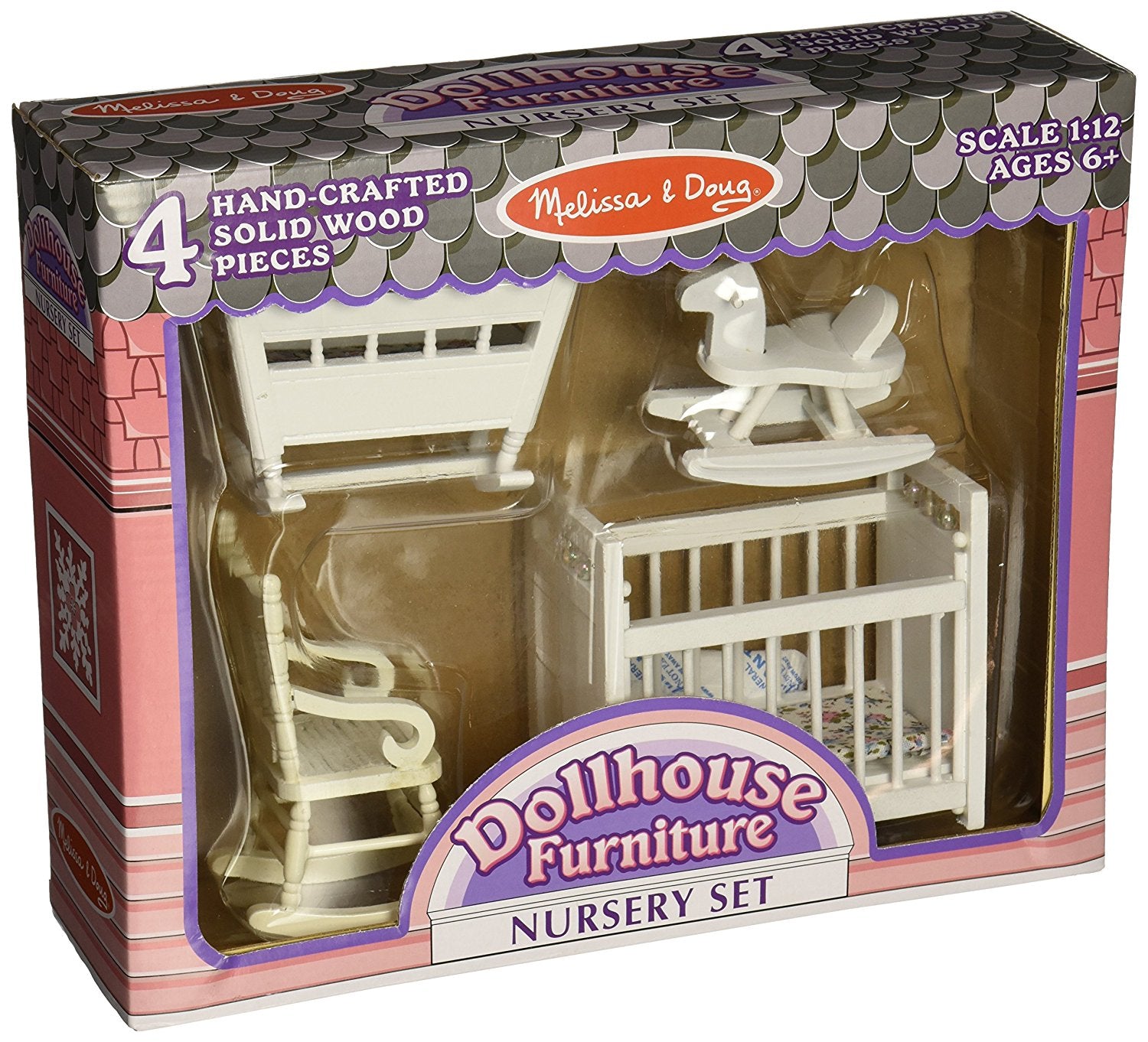 Melissa & Doug - Classic Wooden Dollhouse Nursery Furniture (4 pieces) - Crib, Cradle, Rocker, Rocking Horse [Home Decor]- Olde Church Emporium