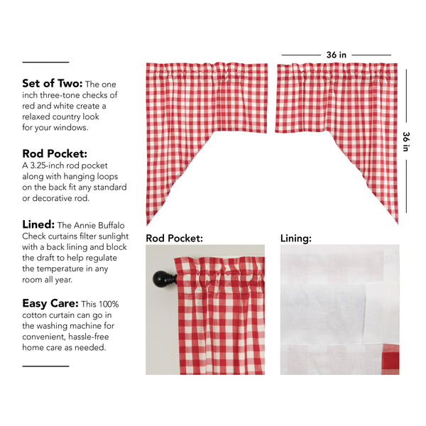 VHC Annie Buffalo Check Curtain, Swag Set 72 X 36 Inches Red Farmhouse Country Check