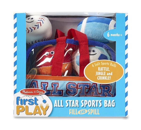 Melissa & Doug Sports Bag Fill and Spill, 5 Pieces First Play for 6 Months Soft Rattles - Olde Church Emporium