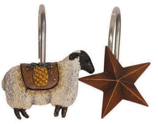 Primitive Welcome Shower Curtain Hooks, 12, Resin & Metal, Sheep & Stars, Country Decor - Olde Church Emporium
