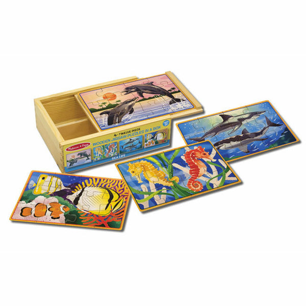 Melissa and Doug Wooden Sea Life Puzzles in a Box 4 puzzles Ages 3+ #3795
