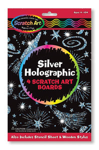 Melissa & Doug Scratch Art Silver Holographic Boards - 4 Boards, Stencil Sheet Ages 5 to 95 - Olde Church Emporium