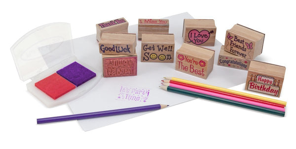 Melissa & Doug Favorite Phrases Wooden Stamp Set - 10 Stamps, 5 Colored Pencils, 2-Color Stamp Pad - Olde Church Emporium