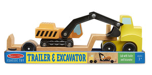Melissa & Doug - Trailer and Excavator Wooden Vehicle Set (3 pieces) [Home Decor]- Olde Church Emporium