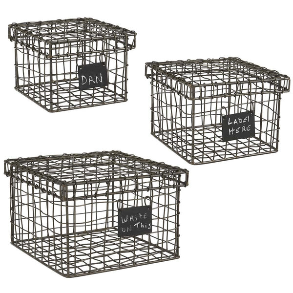 Wire Storage Boxes with Chalkboard Tags - Set of 3 Assorted Sizes - Olde Church Emporium
